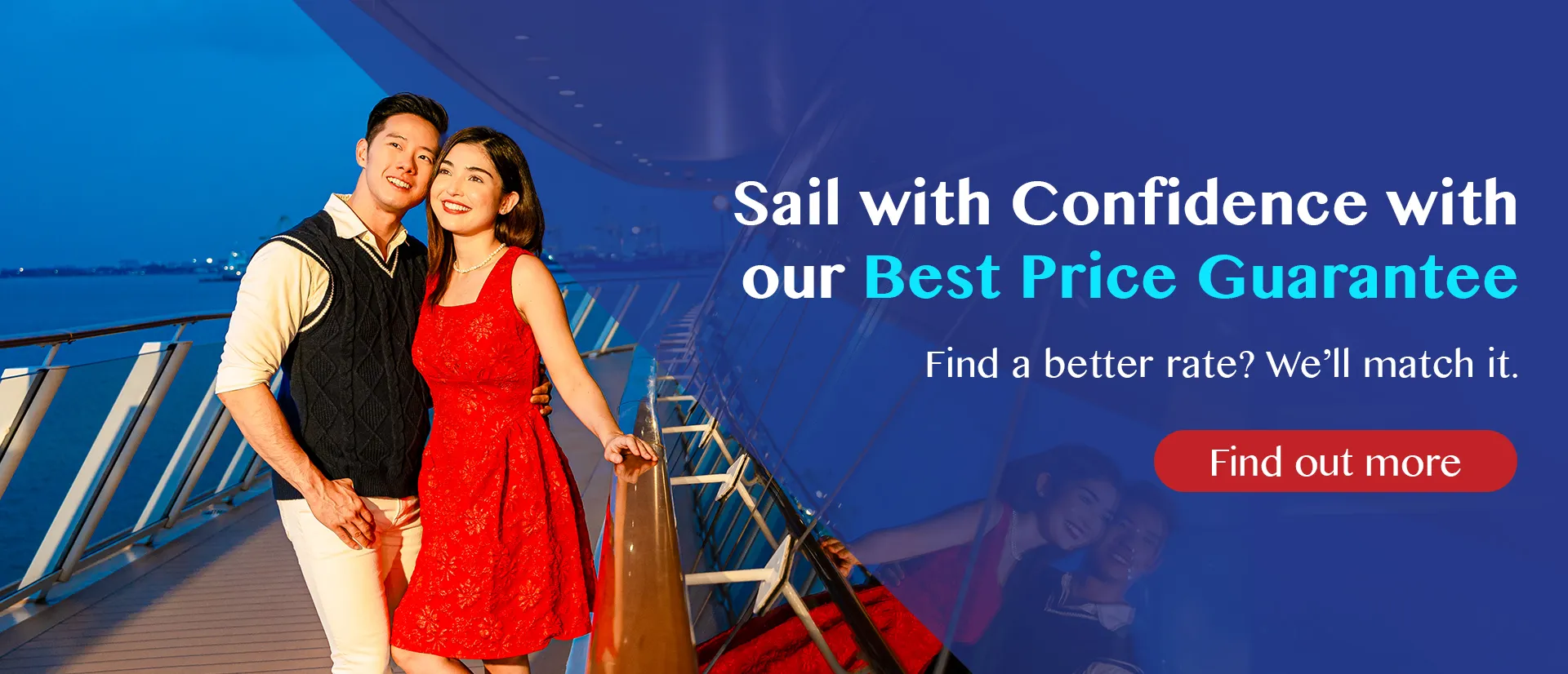 Couple enjoying evening on Genting Dream Cruise deck with best price guarantee offer from Singapore